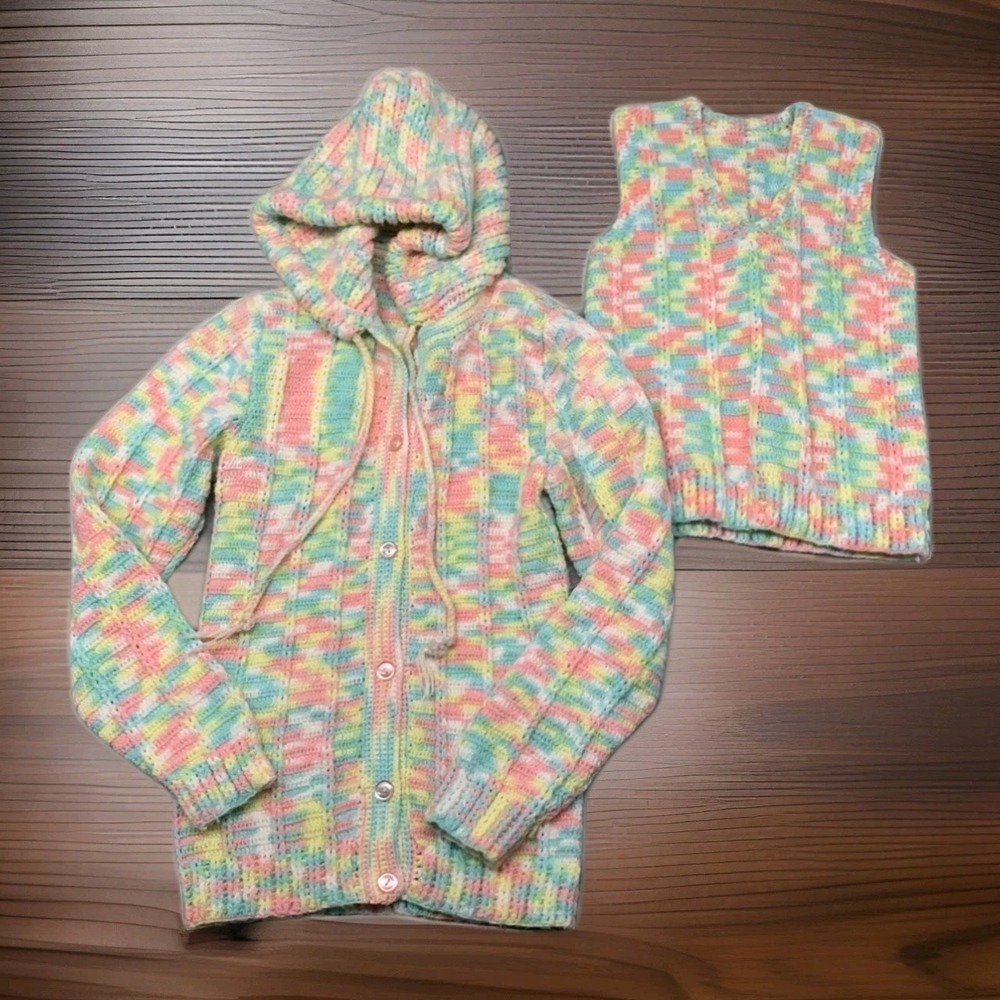 Vtg Crochet Handmade Knit Coat Cardigan Hooded Button Up‎ & Matching Tank Top S